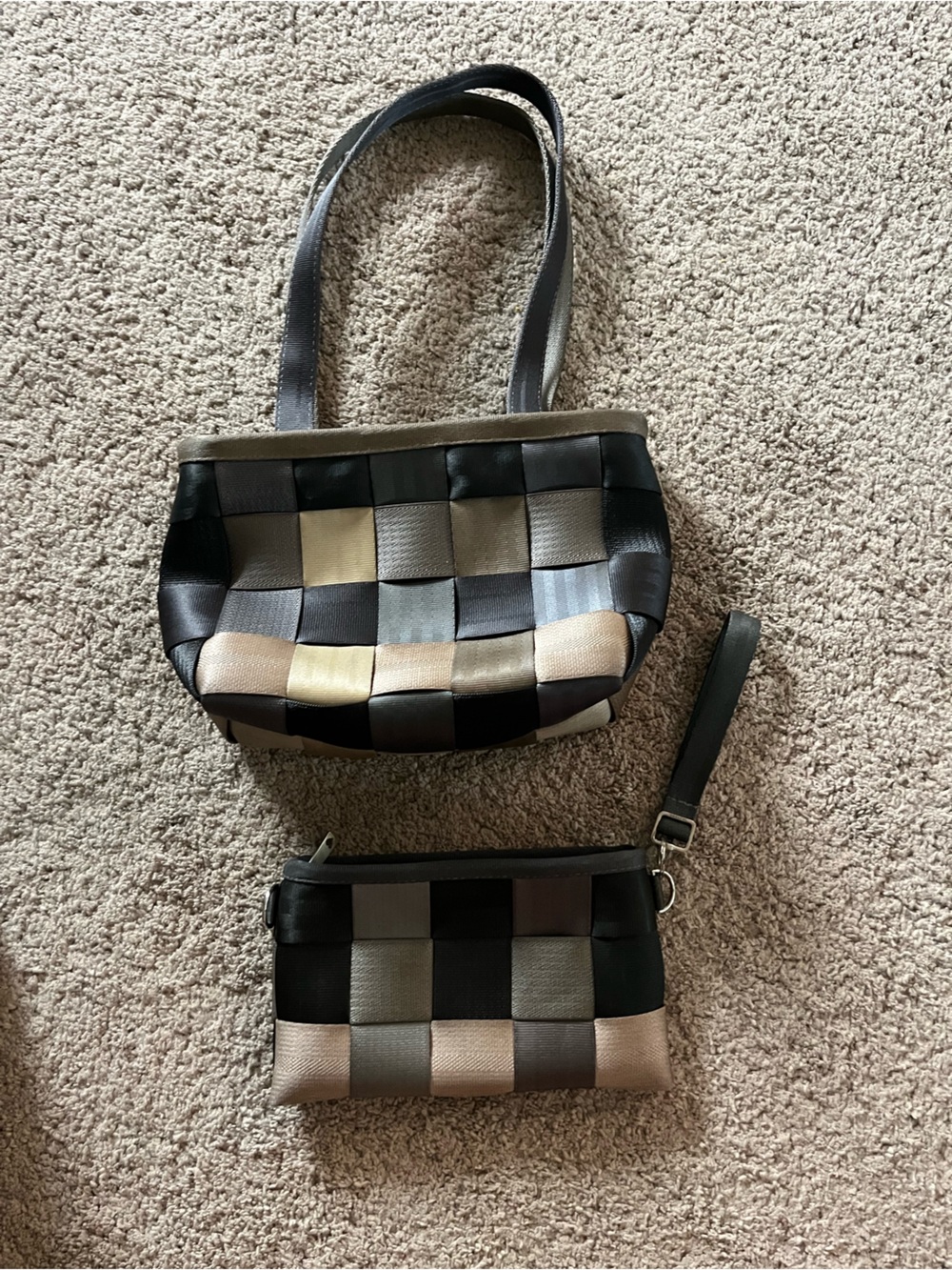Harvey’s Woven Seatbelt Shoulder Bag and Wristlet in Black, Gray & Cream